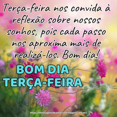 Terça-feira nos convida à reflexão sobre nossos sonhos, pois cada passo nos aproxima mais de realizá-los. Bom dia!