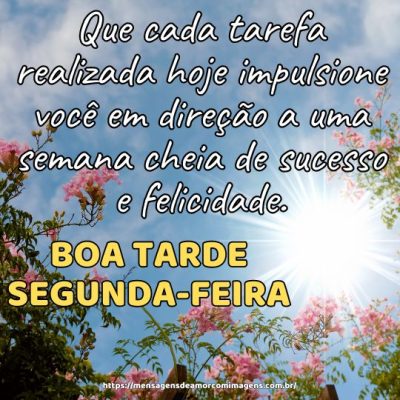Boa tarde de segunda-feira e uma boa semana! Que cada tarefa realizada hoje impulsione você em direção a uma semana cheia de sucesso e felicidade.