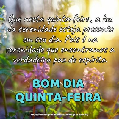 Bom dia! Que nesta quinta-feira, a luz da serenidade esteja presente em seu dia. Pois é na serenidade que encontramos a verdadeira paz de espírito.