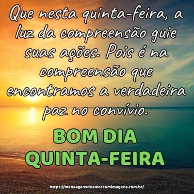 Bom dia! Que nesta quinta-feira, a luz da compreensão guie suas ações. Pois é na compreensão que encontramos a verdadeira paz no convívio.