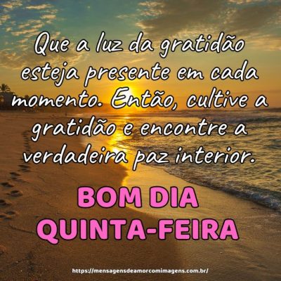 Bom dia Quinta-feira! Que a luz da gratidão esteja presente em cada momento. Então, cultive a gratidão e encontre a verdadeira paz interior.