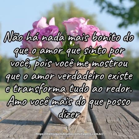 Não há nada mais bonito do que o amor que sinto por você, pois você me mostrou que o amor verdadeiro existe e transforma tudo ao redor. Amo você mais do que posso dizer.