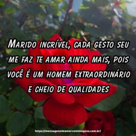 Marido incrível, cada gesto seu me faz te amar ainda mais, pois você é um homem extraordinário e cheio de qualidades.