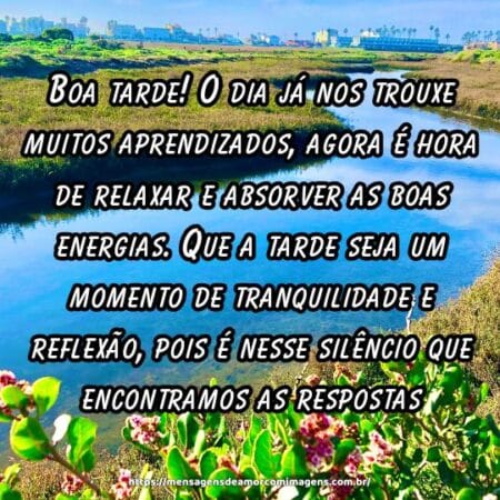 Boa tarde! O dia já nos trouxe muitos aprendizados, agora é hora de relaxar e absorver as boas energias. Que a tarde seja um momento de tranquilidade e reflexão, pois é nesse silêncio que encontramos as respostas.
