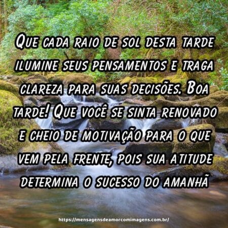 Que cada raio de sol desta tarde ilumine seus pensamentos e traga clareza para suas decisões. Boa tarde! Que você se sinta renovado e cheio de motivação para o que vem pela frente, pois sua atitude determina o sucesso do amanhã.