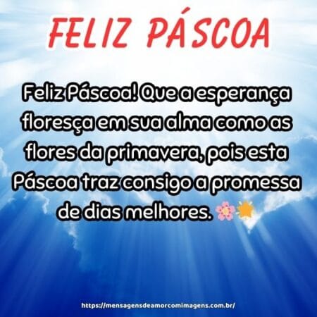 Feliz Páscoa! Que a esperança floresça em sua alma como as flores da primavera, pois esta Páscoa traz consigo a promessa de dias melhores. 🌸🌟