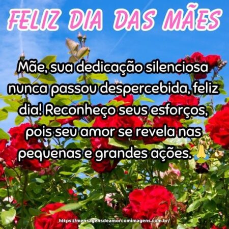 Mãe, sua dedicação silenciosa nunca passou despercebida, feliz dia! Reconheço seus esforços, pois seu amor se revela nas pequenas e grandes ações. 🙏💖