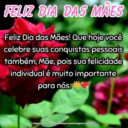 Feliz Dia das Mães! Que hoje você celebre suas conquistas pessoais também, Mãe, pois sua felicidade individual é muito importante para nós. 🌟💖