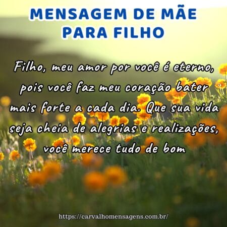 Filho, meu amor por você é eterno, pois você faz meu coração bater mais forte a cada dia. Que sua vida seja cheia de alegrias e realizações, você merece tudo de bom.