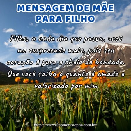 Filho, a cada dia que passa, você me surpreende mais, pois seu coração é puro e cheio de bondade. Que você saiba o quanto é amado e valorizado por mim.