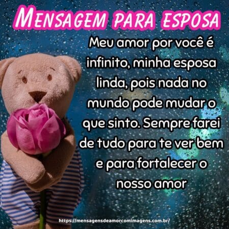 Meu amor por você é infinito, minha esposa linda, pois nada no mundo pode mudar o que sinto. Sempre farei de tudo para te ver bem e para fortalecer o nosso amor.