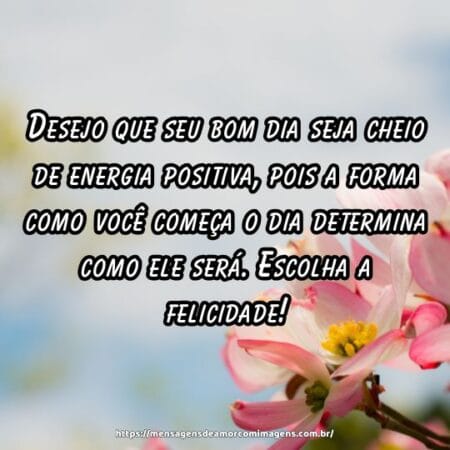 Desejo que seu bom dia seja cheio de energia positiva, pois a forma como você começa o dia determina como ele será. Escolha a felicidade!