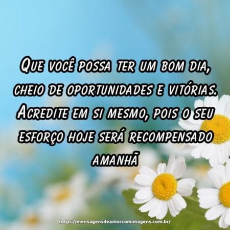 Que você possa ter um bom dia, cheio de oportunidades e vitórias. Acredite em si mesmo, pois o seu esforço hoje será recompensado amanhã.