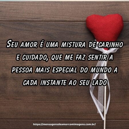 Seu amor é uma mistura de carinho e cuidado, que me faz sentir a pessoa mais especial do mundo a cada instante ao seu lado.