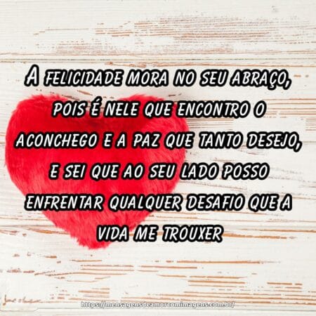 A felicidade mora no seu abraço, pois é nele que encontro o aconchego e a paz que tanto desejo, e sei que ao seu lado posso enfrentar qualquer desafio que a vida me trouxer.