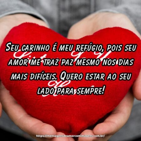 Seu carinho é meu refúgio, pois seu amor me traz paz mesmo nos dias mais difíceis. Quero estar ao seu lado para sempre!