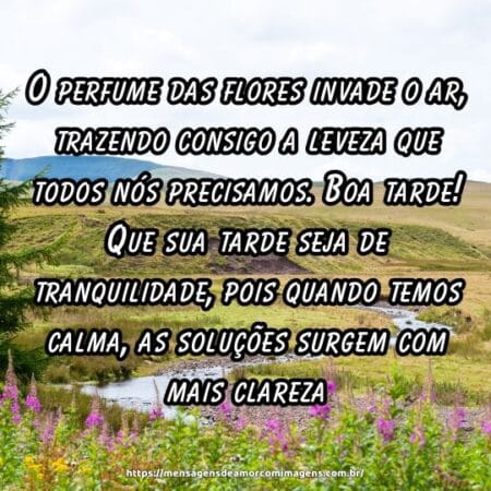 O perfume das flores invade o ar, trazendo consigo a leveza que todos nós precisamos. Boa tarde! Que sua tarde seja de tranquilidade, pois quando temos calma, as soluções surgem com mais clareza.