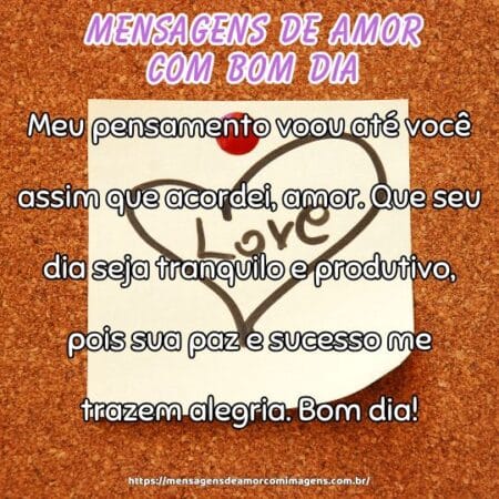 Meu pensamento voou até você assim que acordei, amor. Que seu dia seja tranquilo e produtivo, pois sua paz e sucesso me trazem alegria. Bom dia!