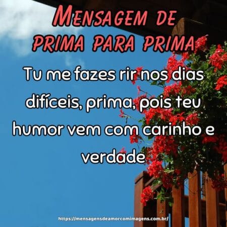 Tu me fazes rir nos dias difíceis, prima, pois teu humor vem com carinho e verdade.