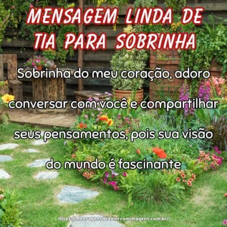 Sobrinha do meu coração, adoro conversar com você e compartilhar seus pensamentos, pois sua visão do mundo é fascinante.