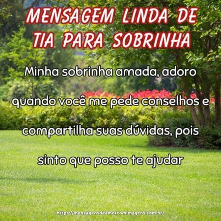 Minha sobrinha amada, adoro quando você me pede conselhos e compartilha suas dúvidas, pois sinto que posso te ajudar.
