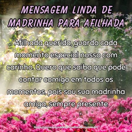 Afilhada do meu coração, adoro compartilhar seus momentos. Quero que saiba que pode contar comigo para celebrar as vitórias e superar os desafios, pois sou sua madrinha parceira, em cada etapa.