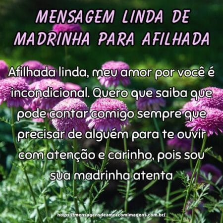Afilhada linda, meu amor por você é incondicional. Quero que saiba que pode contar comigo sempre que precisar de alguém para te ouvir com atenção e carinho, pois sou sua madrinha atenta.