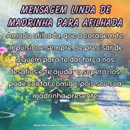 Amada afilhada, que a coragem te impulsione sempre. Se precisar de alguém para te dar força nos desafios e te ajudar a superá-los, pode contar comigo, pois sou sua madrinha presente.