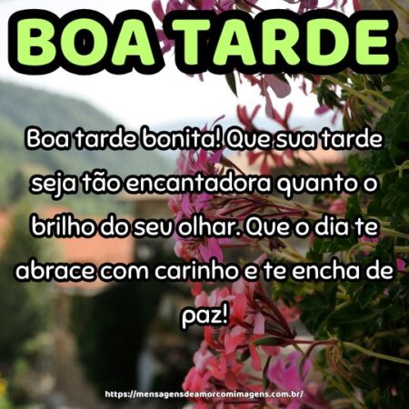 Boa tarde bonita! Que sua tarde seja tão encantadora quanto o brilho do seu olhar. Que o dia te abrace com carinho e te encha de paz!