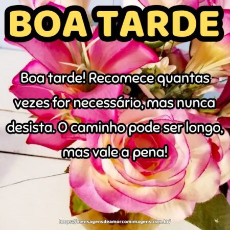 Boa tarde! Recomece quantas vezes for necessário, mas nunca desista. O caminho pode ser longo, mas vale a pena!