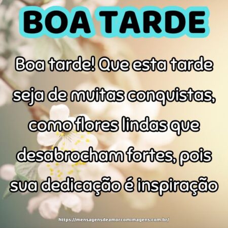 Boa tarde! Que esta tarde seja de muitas conquistas, como flores lindas que desabrocham fortes, pois sua dedicação é inspiração.