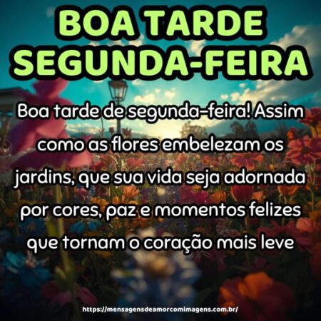 Boa tarde de segunda-feira! Assim como as flores embelezam os jardins, que sua vida seja adornada por cores, paz e momentos felizes que tornam o coração mais leve.