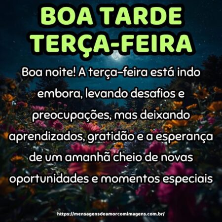Boa noite! A terça-feira está indo embora, levando desafios e preocupações, mas deixando aprendizados, gratidão e a esperança de um amanhã cheio de novas oportunidades e momentos especiais.